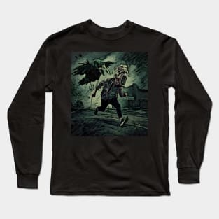 watercolor crow chasing old man screaming Long Sleeve T-Shirt